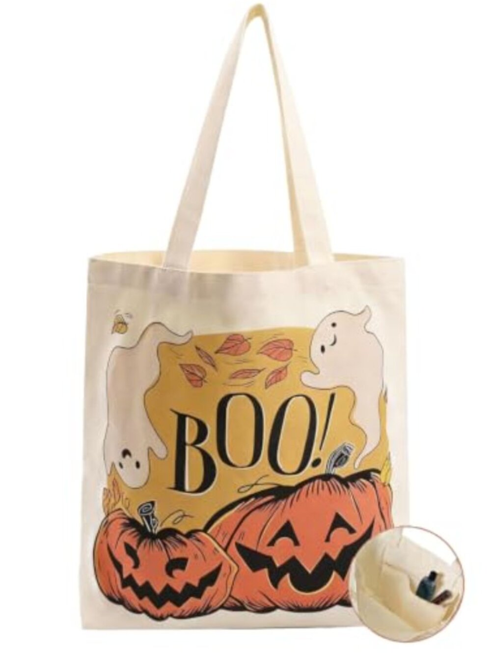 Canvas Tote Bag Cotton Halloween Ghost Pumpkin Print Inner Pocket 15x14